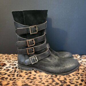 Distressed black moto-style boots